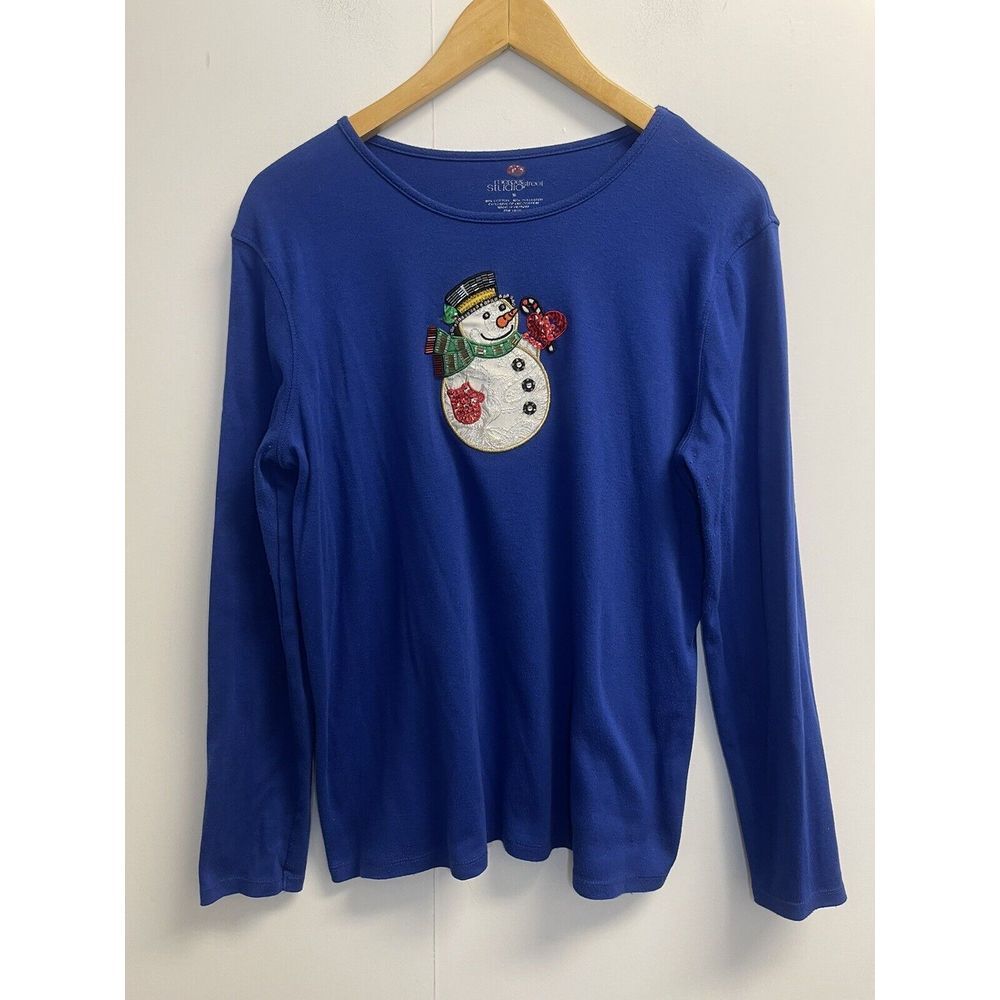 Mercer Street Studio Women's M Christmas Beaded Snowmen Long Sleeve Tee‎ Blue